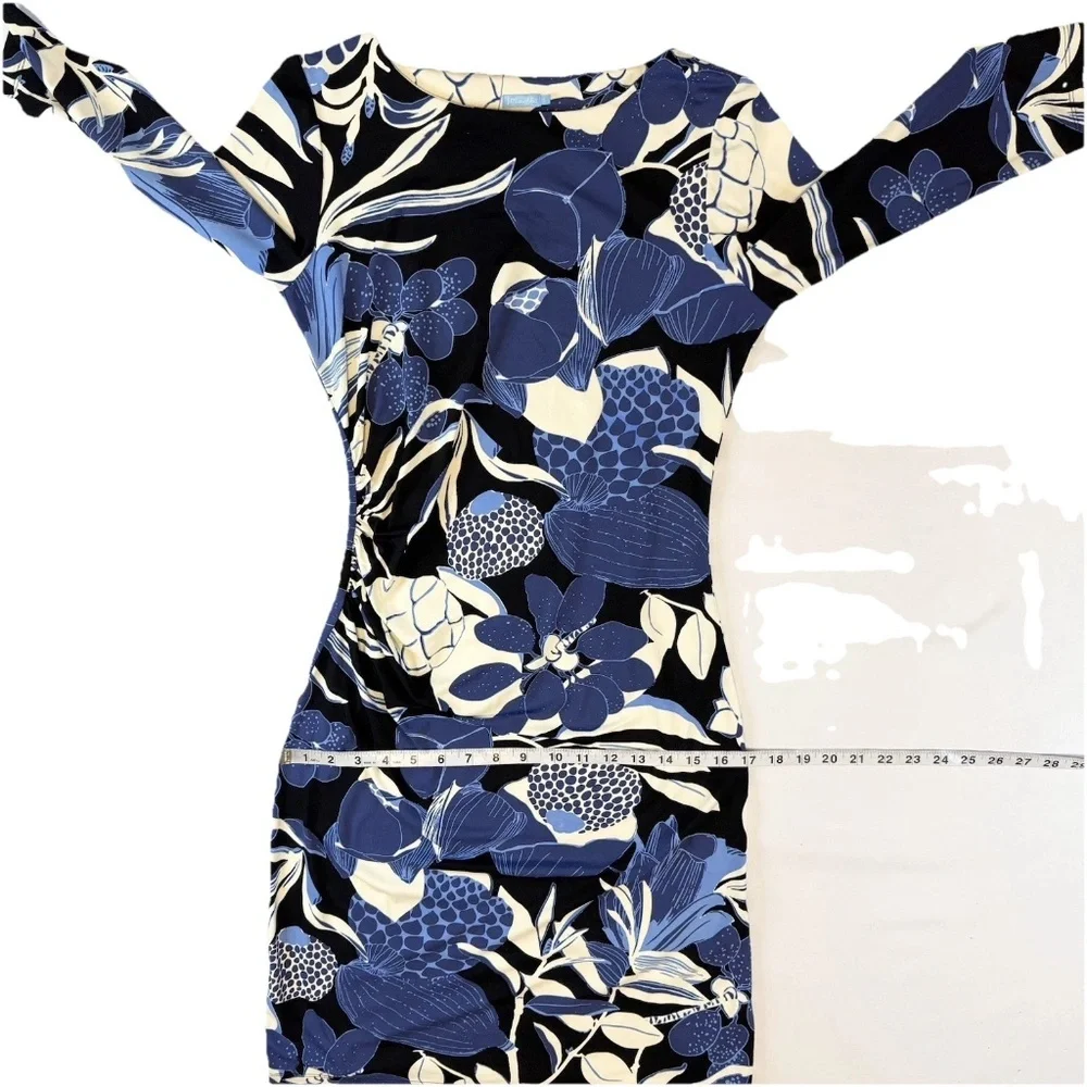 J McLaughlin Size S Blue Floral Catalina Cloth Ruched Sheath Dress 3/4 Sleeve - Picture 8 of 15